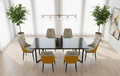 8 cream and yellow chairs in modern dining room - elevated view