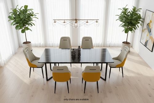 8 cream and yellow chairs in modern dining room - elevated view