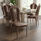 Brown ornate chair in focus with matching chairs around table