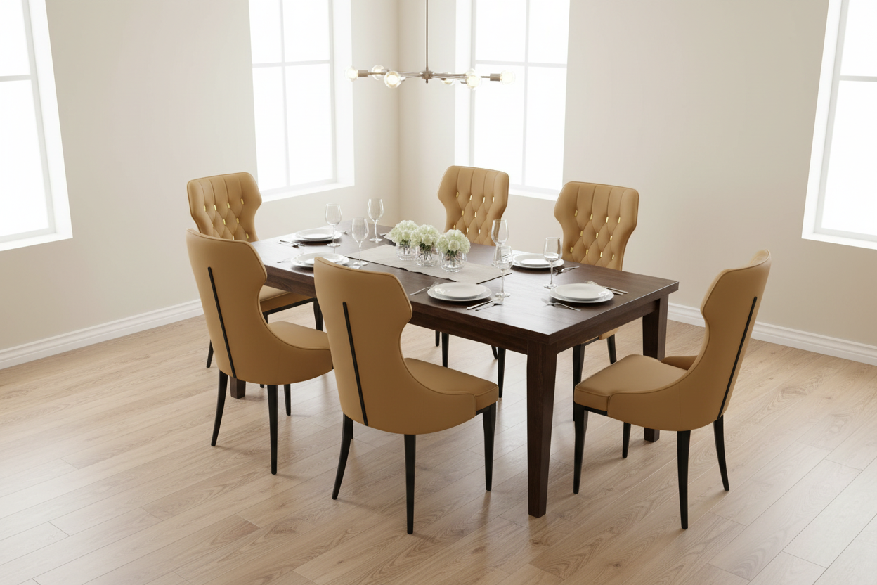 Set of 8 Tan Beige Dining Chairs - Top Right View