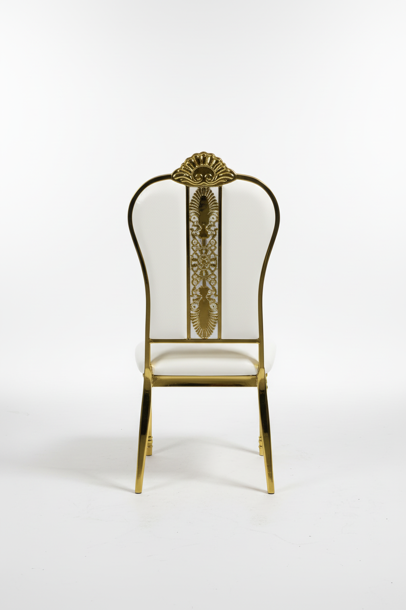 White and gold ornate chair - back view