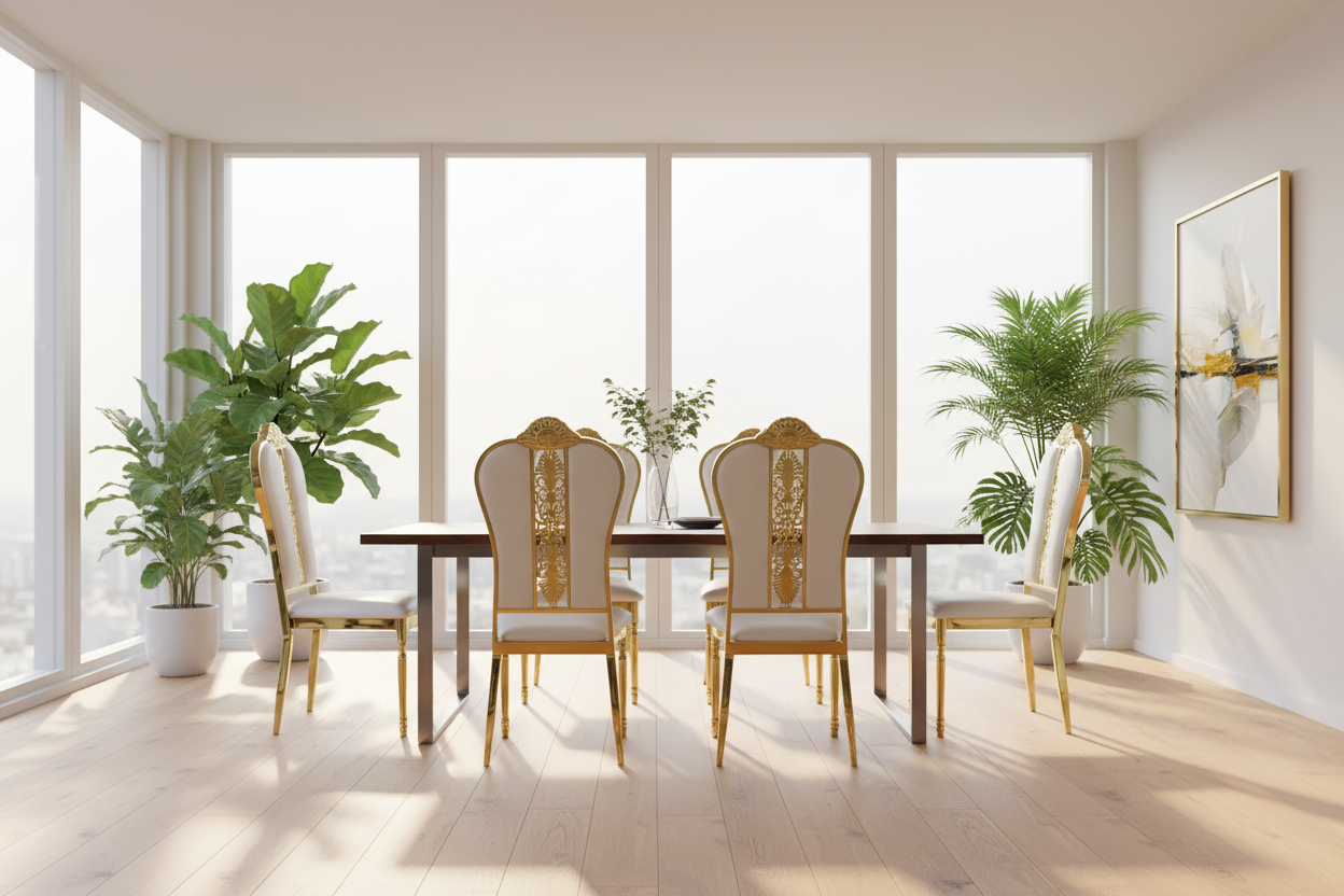 White and gold ornate chair in modern naturally lit room
