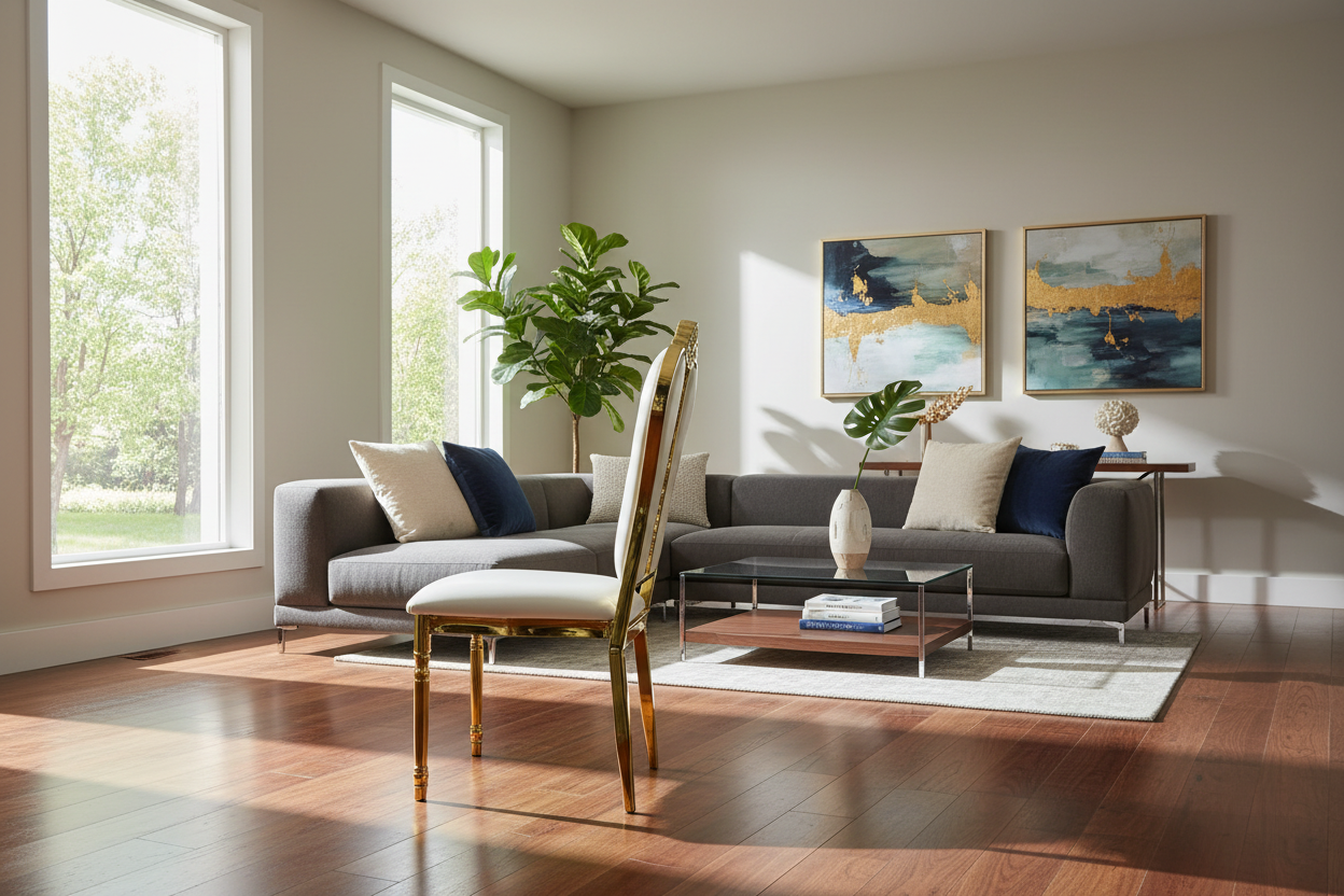 White and gold ornate chair - right side view in modern natural setting